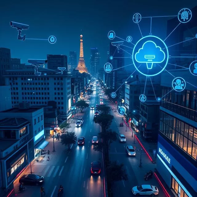 AI-powered CCTV cameras monitoring a futuristic smart city in India with digital data overlays, representing 2025 surveillance trends in 4K and cloud security.