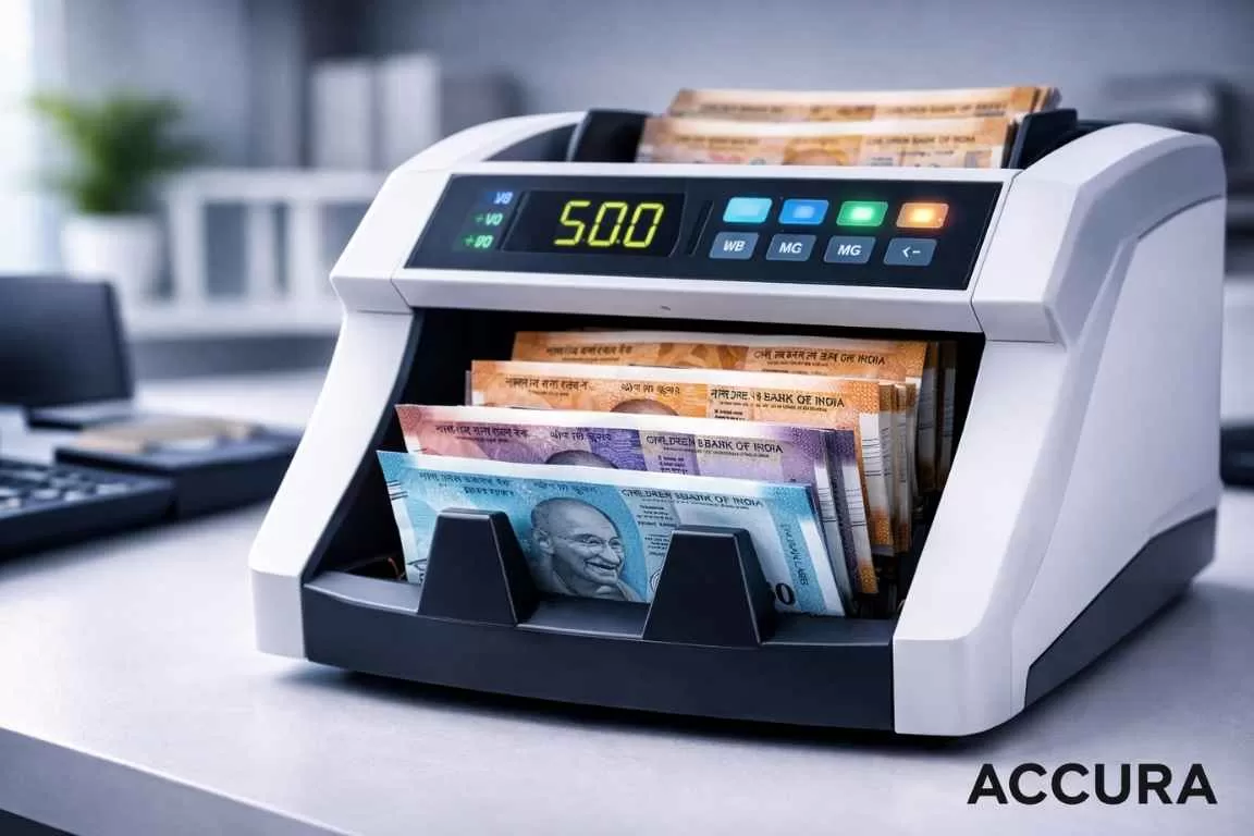 Advanced currency counting machine counting Indian currency notes with digital display and fake note detection technology by ACCURA