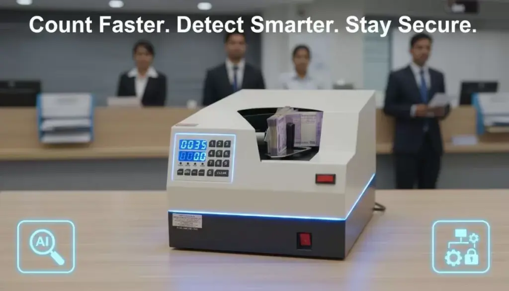 bundle note counting machine counting Indian currency with digital display and counterfeit detection