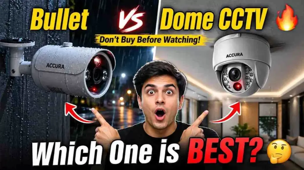 Bullet vs Dome CCTV camera comparison showing outdoor bullet security camera and indoor dome surveillance camera for home and business security