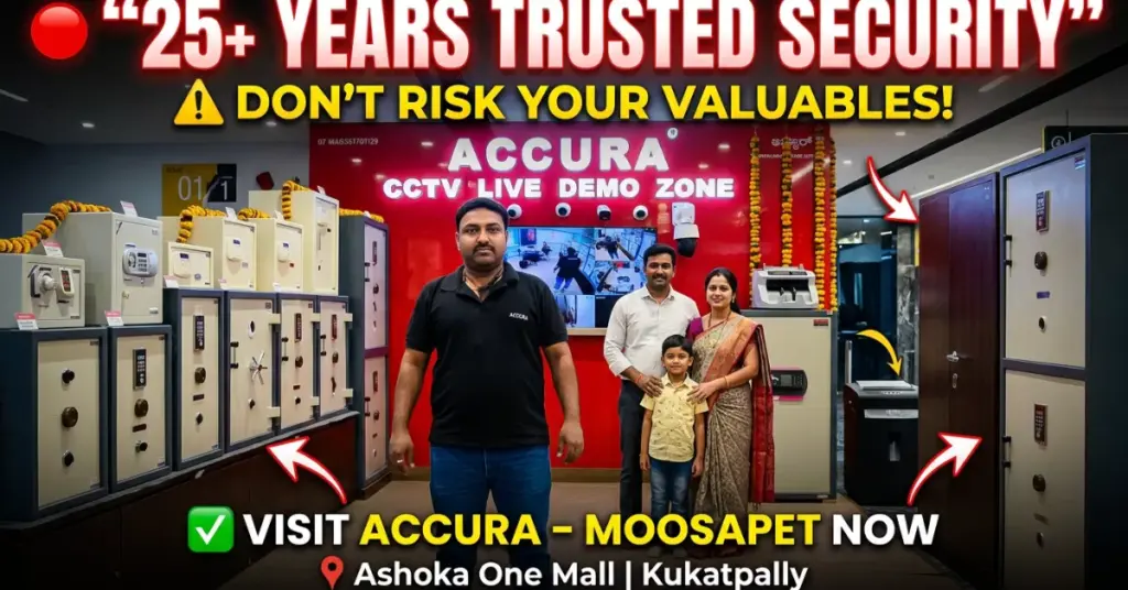 ACCURA Ashoka One Mall Moosapet showroom thumbnail highlighting lockers CCTV and security solutions with 25 years trusted branding