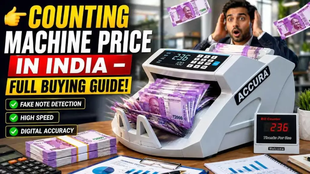 Modern digital counting machine quickly processing cash notes in an office with a business owner checking money, representing counting machine price guide in India.