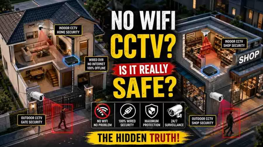 Aerial view of home and shop security with CCTV camera without WiFi system showing indoor and outdoor surveillance setup with wired monitoring
