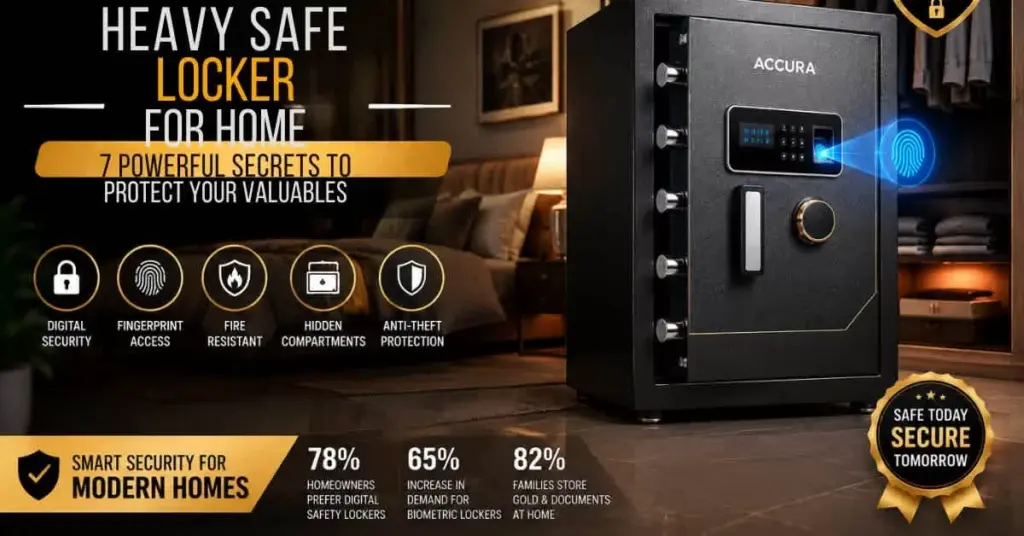 Premium ACCURA heavy safe locker for home displayed in modern bedroom with digital lock, fingerprint access, and security infographic elements