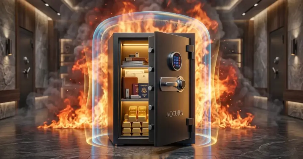 Modern fireproof locker inside luxury home showing protection against fire with valuables like gold, cash, and documents safely stored inside.