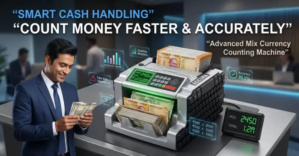 Modern mix currency counting machine counting Indian currency notes with smart business cash handling text and advanced fake note detection features.