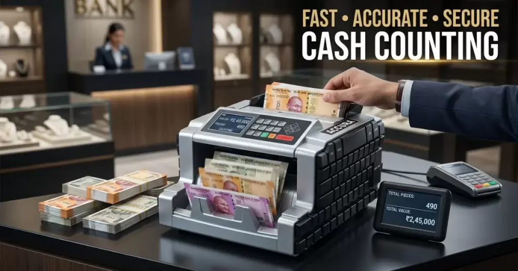 Cash counting machine counting Indian currency notes with fast and accurate money counting in a modern retail setup