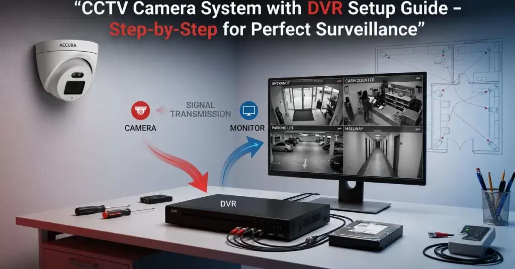 DVR-based security camera system setup showing ACCURA dome camera, connected DVR, monitor with multi-camera view, and wiring layout in a modern workspace.