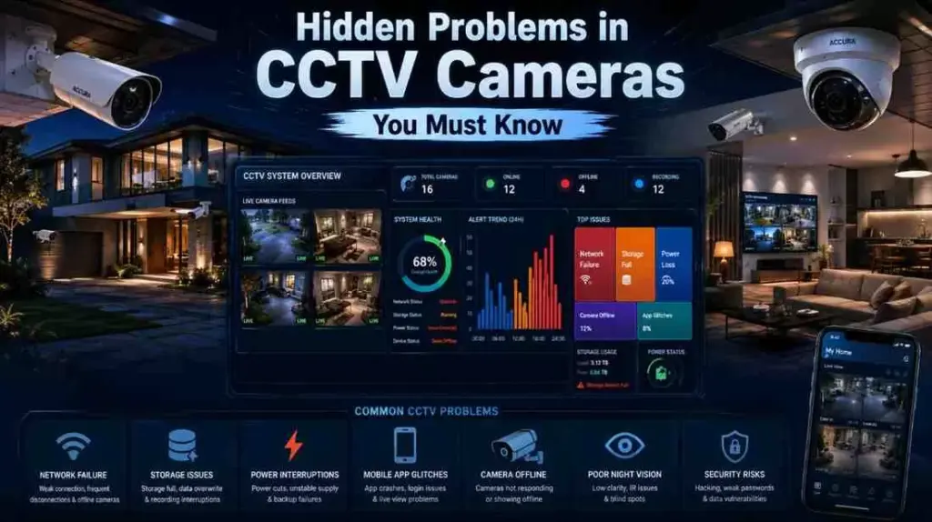 Smart CCTV Security System dashboard showing real-time analytics with charts highlighting major CCTV camera problems in modern home surveillance setup