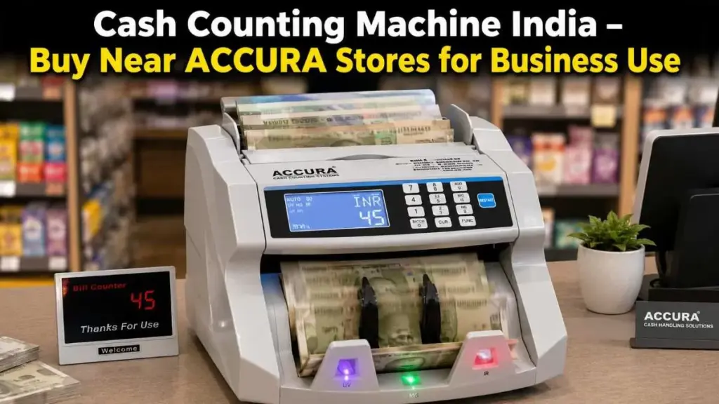 ACCURA cash counting machine counting Indian notes with UV MG IR fake note detection on a retail counter