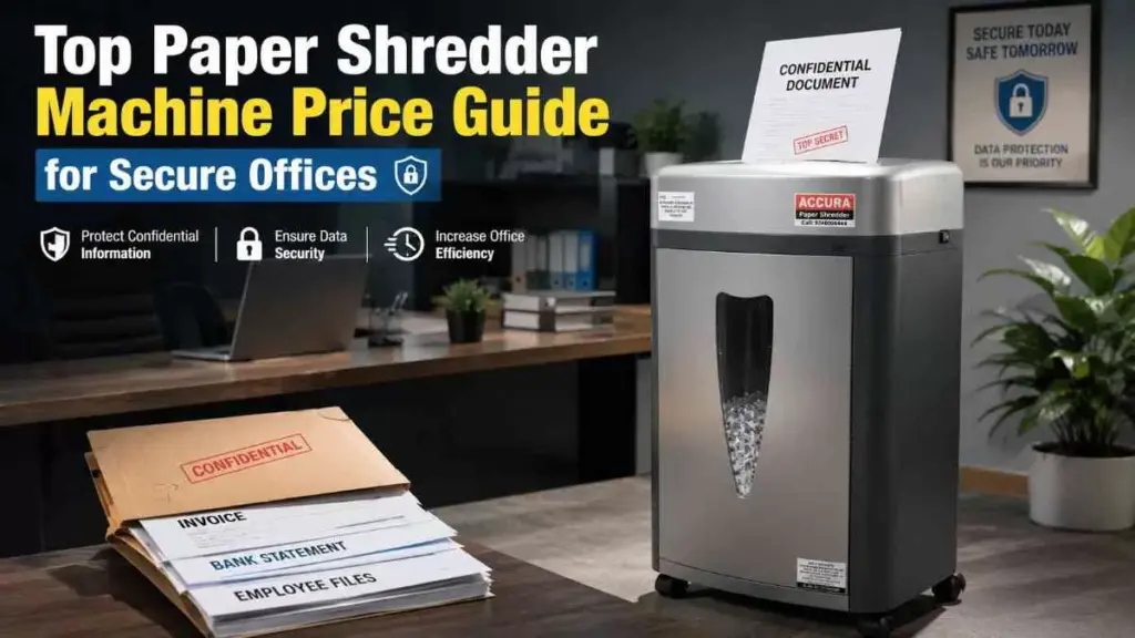 Modern office showing paper shredder machine securely destroying confidential documents in a professional workspace.