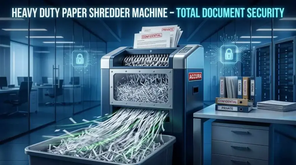 Heavy duty paper shredder machine in modern office shredding confidential documents with high security and efficiency