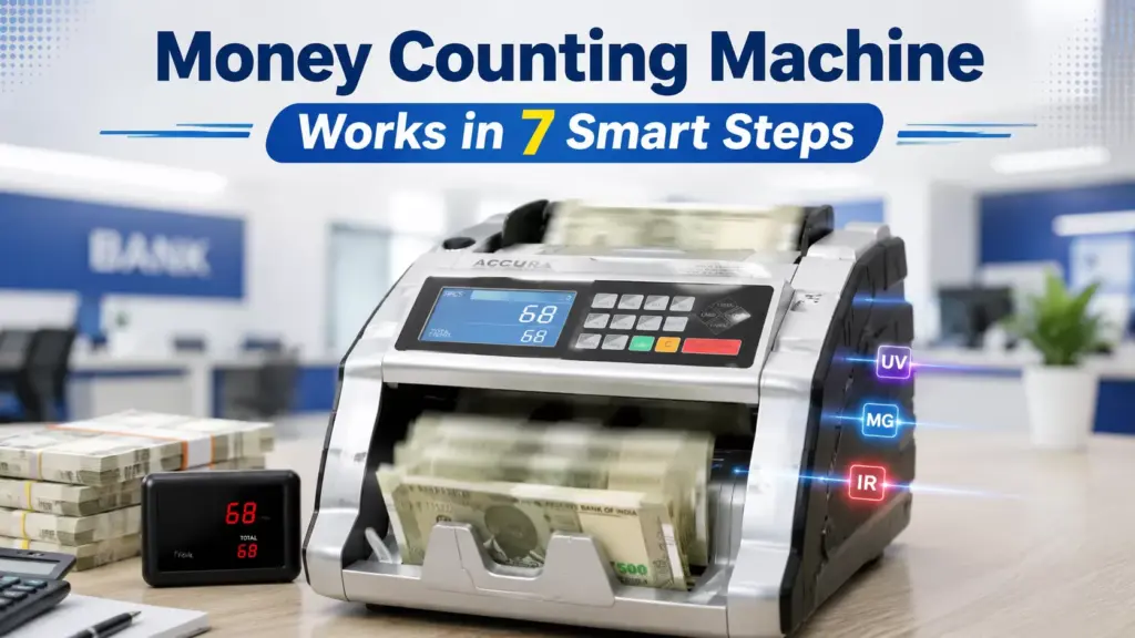 ACCURA money counting machine counting Indian currency with UV MG IR fake note detection sensors on office desk