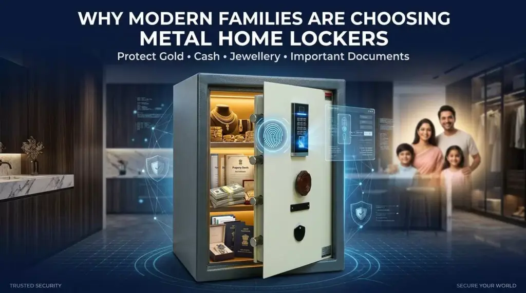 Modern metal home locker with biometric fingerprint access, digital keypad, and secure storage for gold, cash, jewellery, and important documents in a home setting.