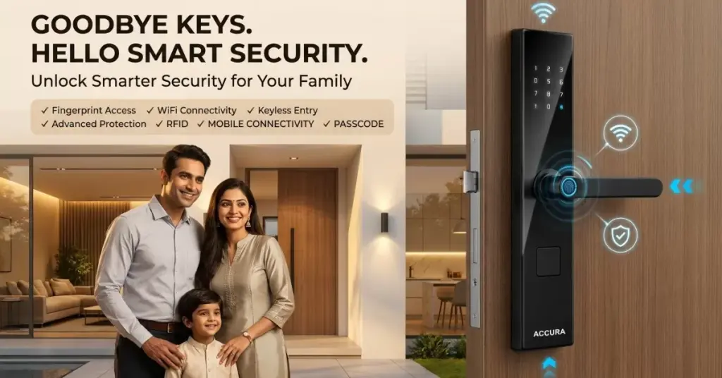 Indian family smiling at the entrance of their home with a smart door lock featuring fingerprint access, digital keypad, and WiFi connectivity for enhanced home security.
