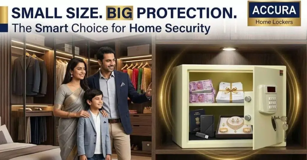 Premium Accura mini home locker installed inside a modern wardrobe, securing jewellery, cash, documents, and valuables in a contemporary home.