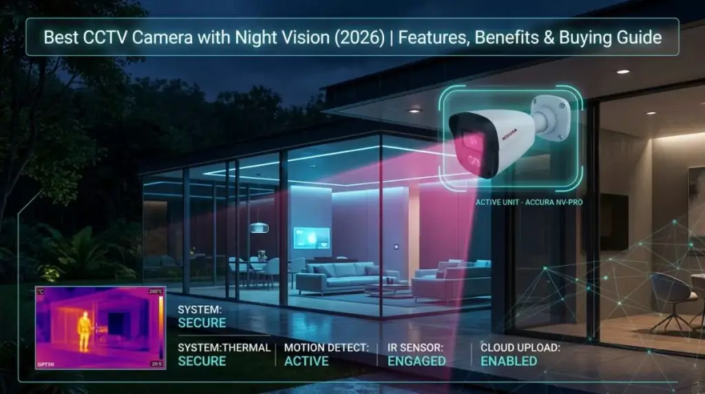 Night vision CCTV camera installed on a modern transparent house showing smart surveillance coverage and security system concept for 2026