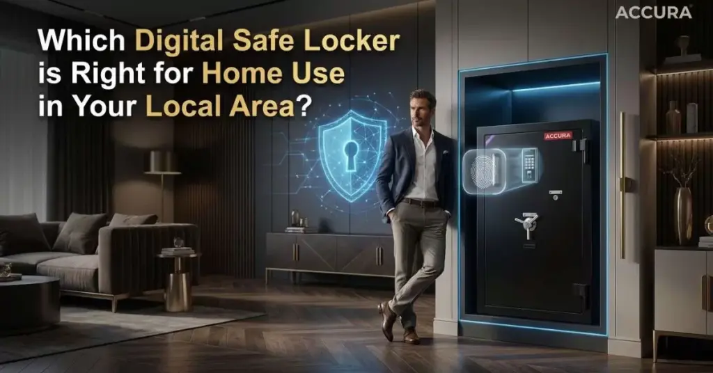 Modern digital safe locker in a premium home interior showcasing advanced security features for home and business protection.