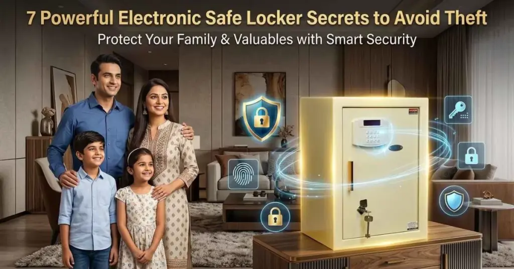 Happy family standing beside an ACCURA electronic safe locker with advanced security features and theft protection for home safety.