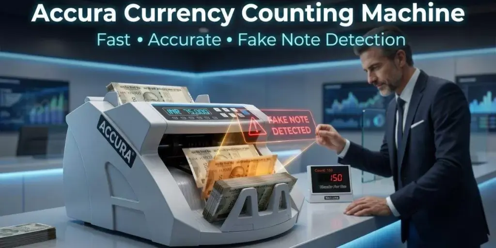 Accura currency counting machine counting Indian cash with digital screen showing total amount and fake note detection results in a modern banking counter