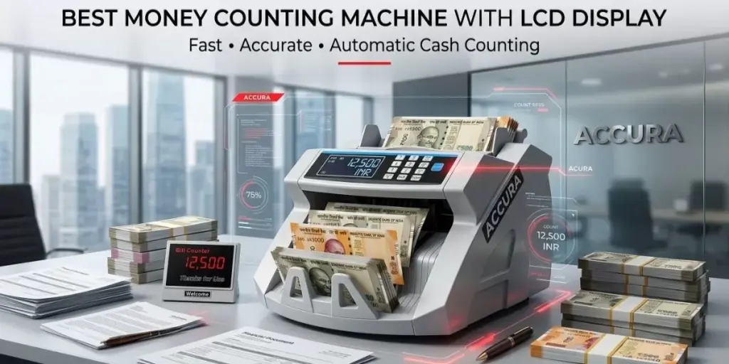 ACCURA money counting machine with LCD display counting currency notes on an office desk for efficient cash management.