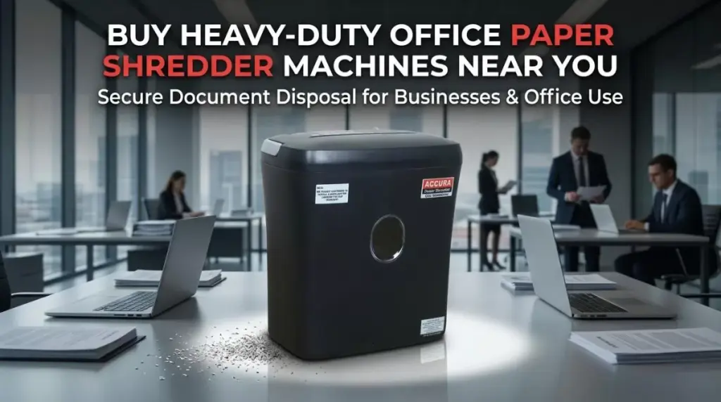 Heavy-duty office paper shredder machine in a modern business office background for secure confidential document disposal.