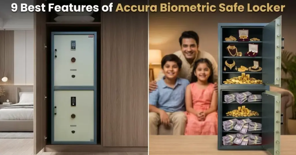 "Accura biometric safe locker installed in cupboard, open side showing jewellery, gold, and cash storage for home security"