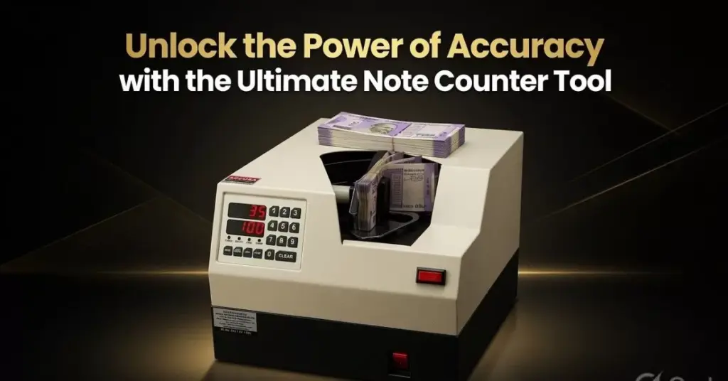 ACCURA note counter machine with Indian 500 rupee notes on premium black background. Text reads "Unlock the Power of Accuracy with the Ultimate Note Counter Tool"