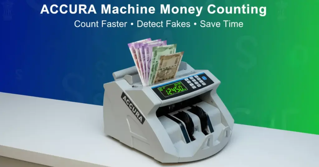 "ACCURA Machine Money Counting device counting Indian rupee notes with digital display showing fast and accurate cash counting"