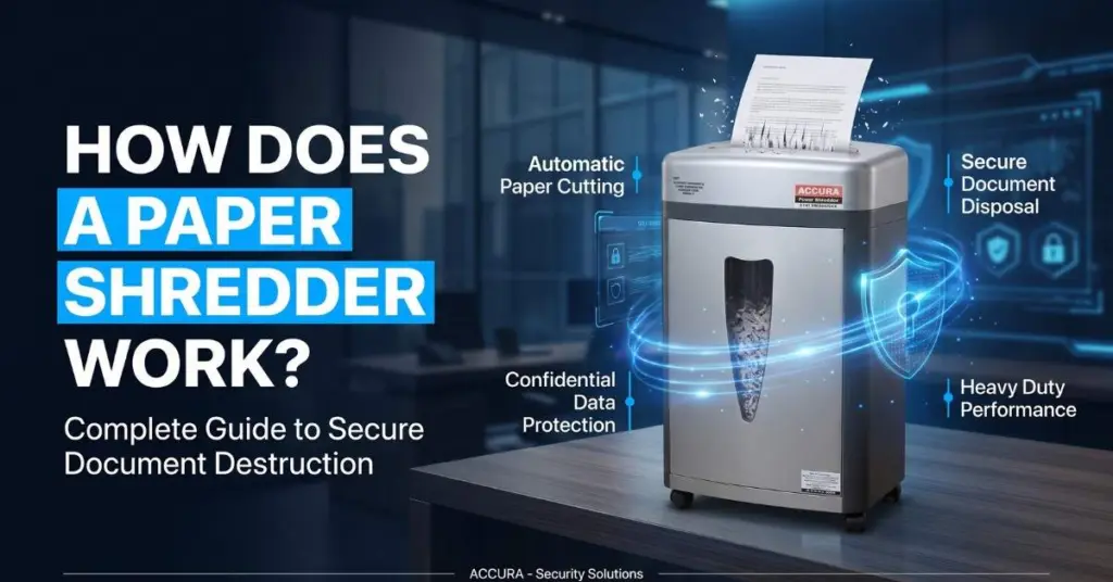 ACCURA paper shredder machine showing important features like cutting capacity, security level, motor performance, and safety features