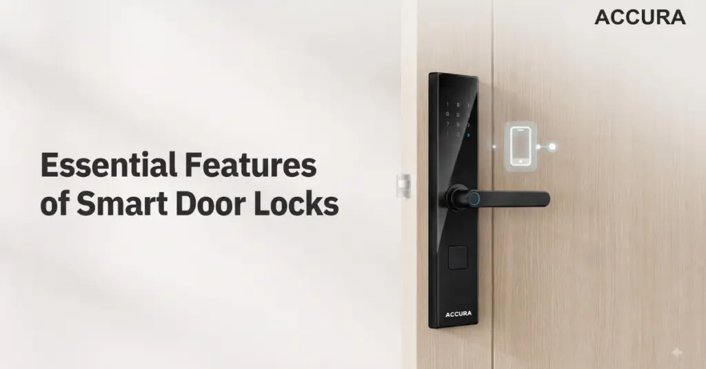 Accura smart door lock showing main benefits on light background