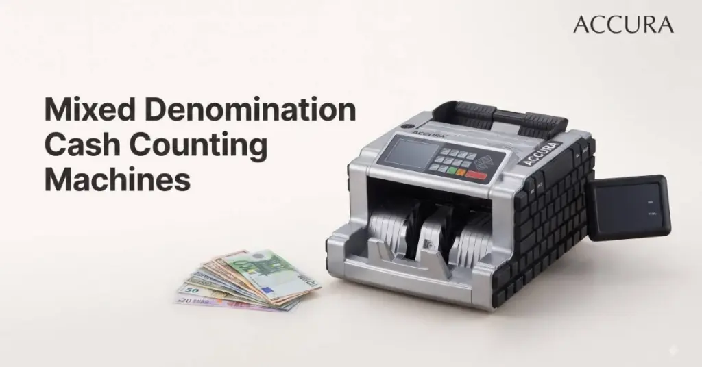Accura mixed denomination cash counting machine on light background