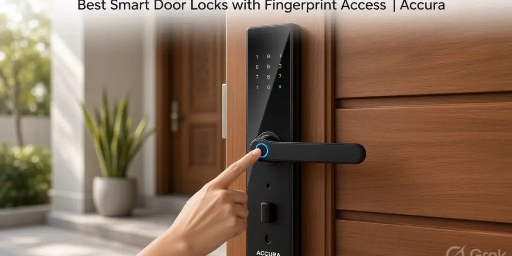 Accura smart door lock with fingerprint sensor, digital PIN keypad and mechanical key on a modern home entrance door